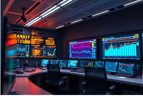 Control room with multiple screens showing data graphs