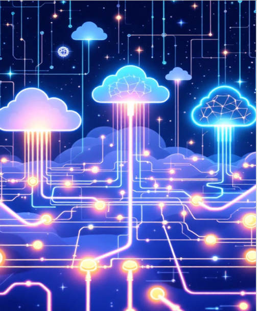 Abstract digital network, AI, and cloud orchestration visual