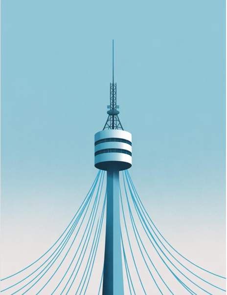 Image of a large telecommunications tower with cables