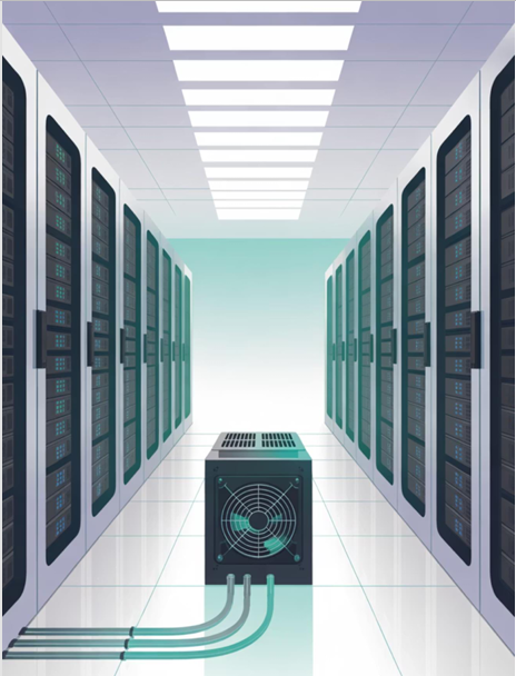 Illustration of a large, modern server room in a data center