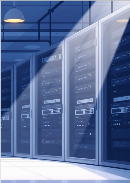 Rows of servers and networking racks in a modern data center