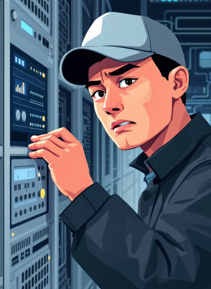 Illustration of a troubled network engineer looking at server racks