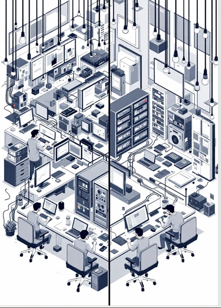 Illustration of an automated network operations center with engineers and server racks.