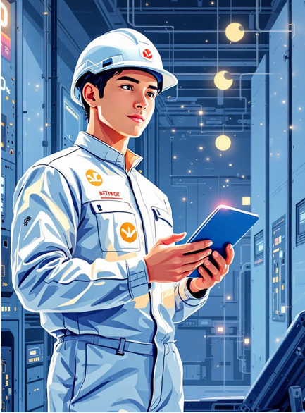 Image of a worker in a hard hat holding a tablet