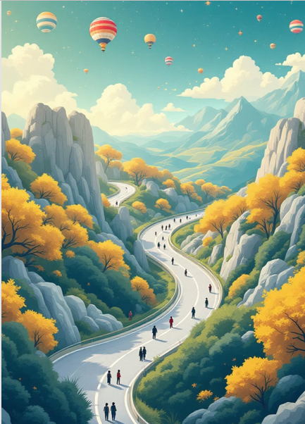 Image of a winding road through mountains and autumn trees