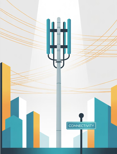 Stylized illustration of a 5G telecom tower representing RAN infrastructure.