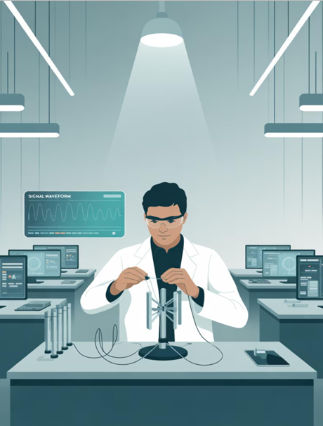 Illustration of a scientist working on radio innovation in a lab.