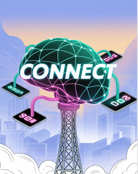 A large, modern graphic symbolizing AI-driven network intelligence with a glowing brain connected to network towers, representing connectivity and automation.