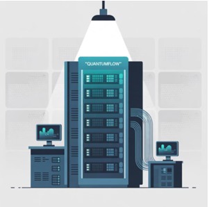 Illustration of an AI-enabled server cabinet with 'Quantum Flow' label