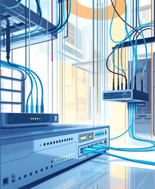 Illustration of a highly connected network server rack