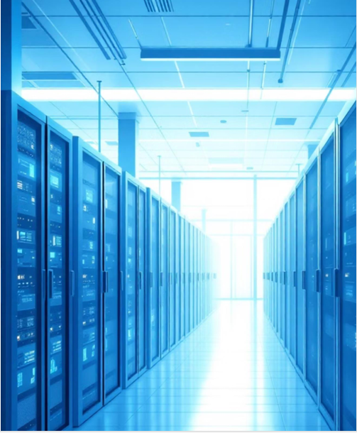 Illustration of a modern, well-lit data center server room aisle